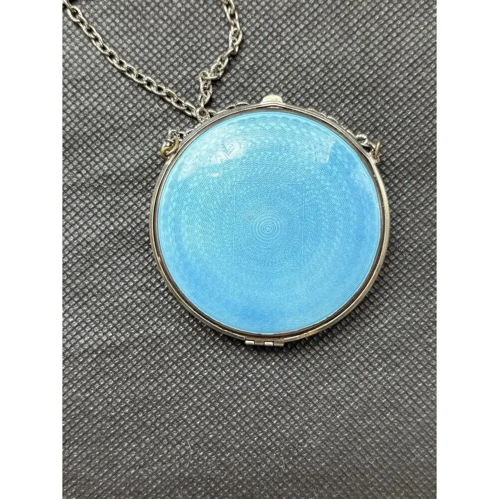 Antique Deco Blue Guilloche Enamel Floral Basket Silver Tone Compact Necklace
